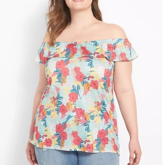 NWT LANE BRYANT FLORAL OFF THE SHOULDER RUFFLE TOP - Picture 1 of 4